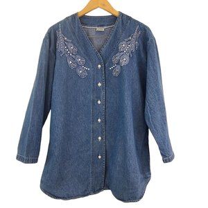 Bridge Vintage 90s Womens Sz M Floral Embroidered Denim Pearl Shirt Jacket Rodeo